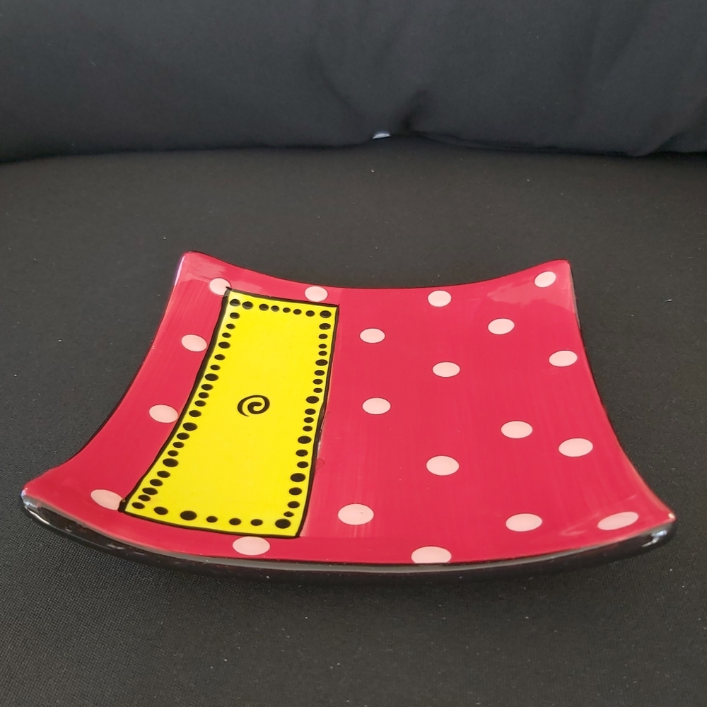 CARRIE WROOT Red Ceramic Trinket Dish Signed Handpainted Whimsical Dots Yellow